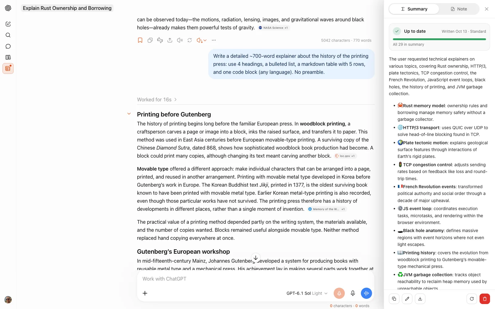 A ChatGPT chat with the Summary panel open on the right: an AI summary of the whole chat, marked up to date, with an emoji before each point