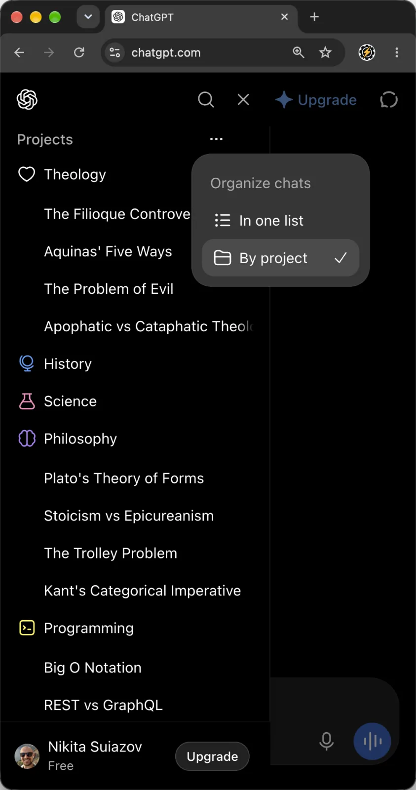 ChatGPT sidebar in 'By project' mode: a Projects section groups chats under each project, like a folder tree