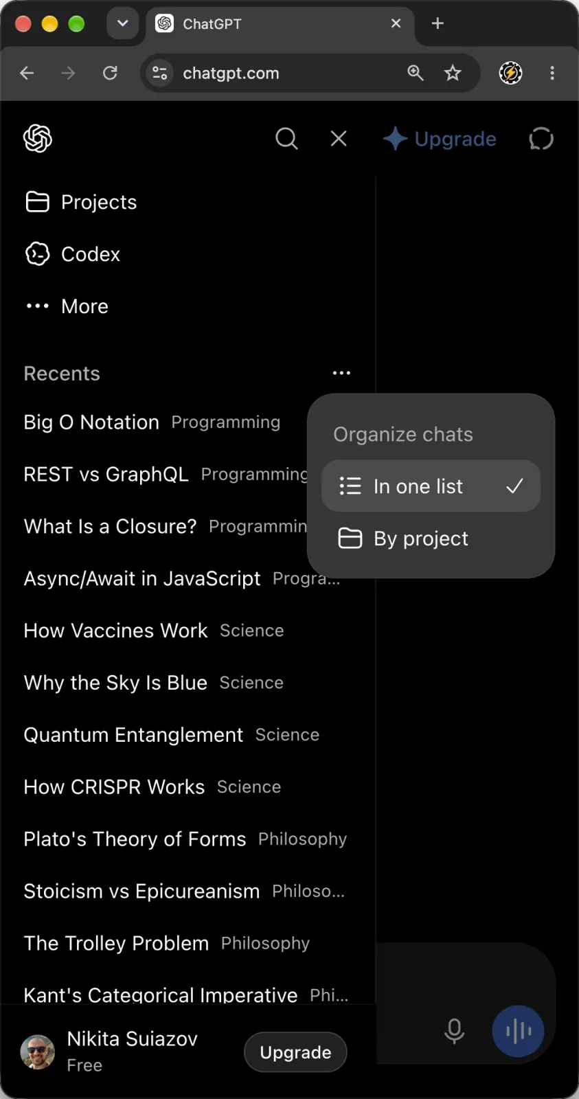 ChatGPT sidebar in 'In one list' mode: the Organize chats menu is open, and each chat in Recents shows its project name to the right of the title