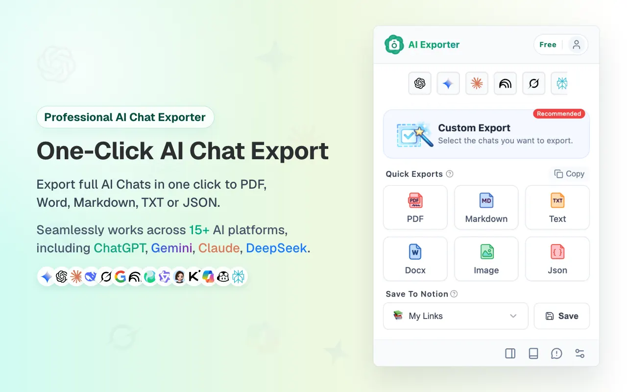 AI Exporter promo: One-Click AI Chat Export to PDF, Word, Markdown, TXT, or JSON across 15+ AI platforms, with quick-export tiles and Save to Notion