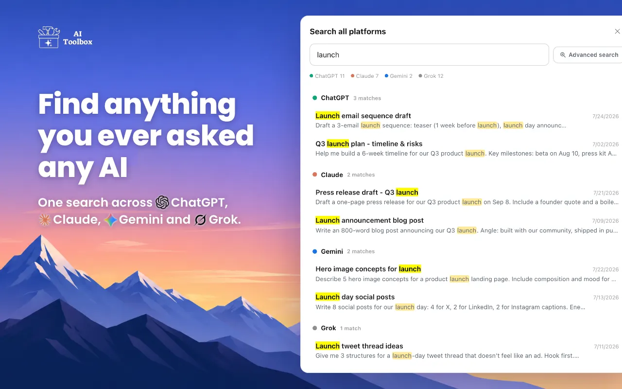 AI Toolbox promo: one search across ChatGPT, Claude, Gemini, and Grok, with matches for a query grouped by platform in a side panel