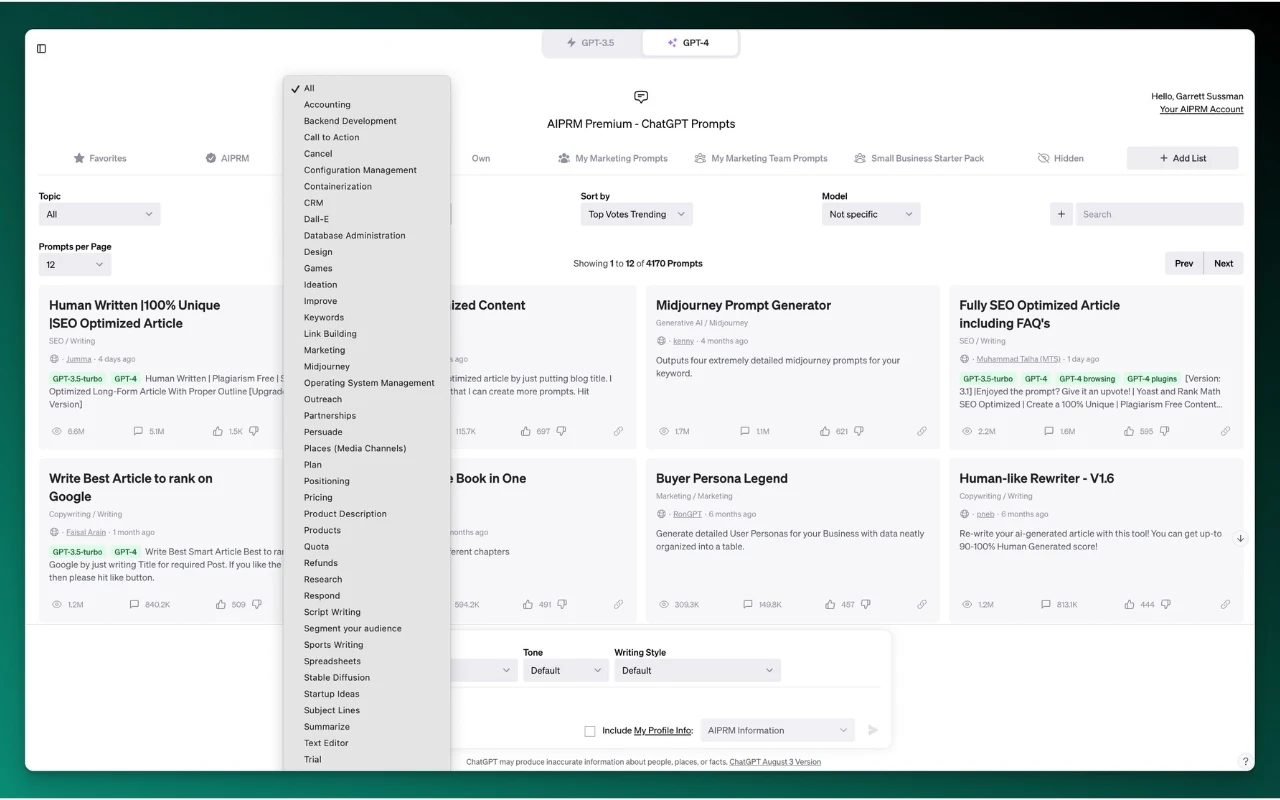 AIPRM promo: the Premium prompt template board with topic filters, per-template usage counts in the millions, and a tone and writing-style row