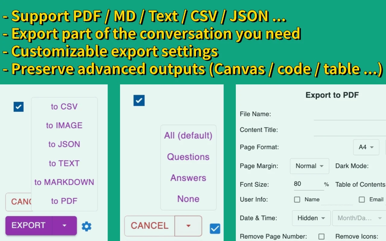 ChatGPT Exporter promo listing its formats — PDF, Markdown, Text, CSV, JSON — with the message picker (All, Questions, Answers) and the Export to PDF settings dialog
