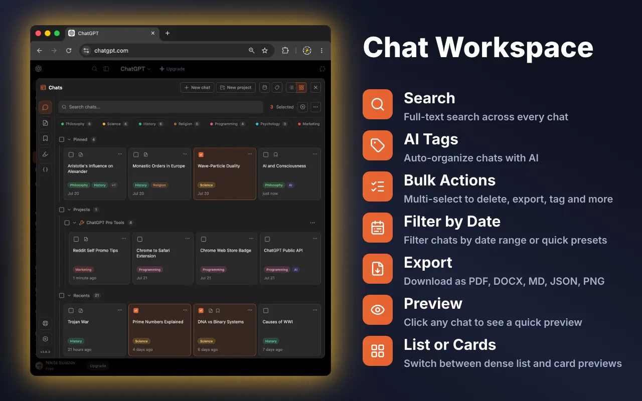 ChatGPT Pro Tools promo: the Chat Workspace panel over chatgpt.com with tag chips, Pinned and Projects groups, and a feature list — AI Tags, bulk actions, date filters, export, preview