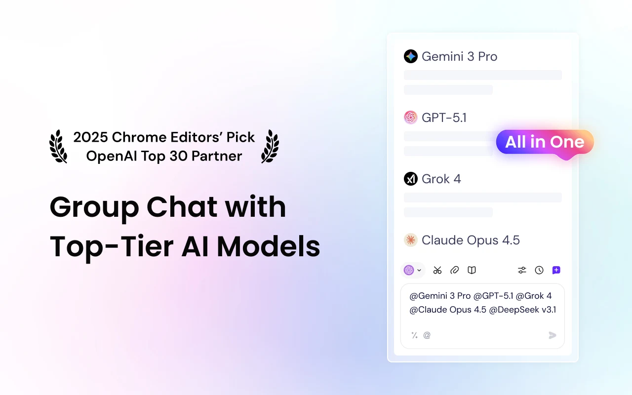 Sider promo: Group Chat with Top-Tier AI Models — one thread mentioning Gemini, GPT, Grok, and Claude, badged 2025 Chrome Editors' Pick