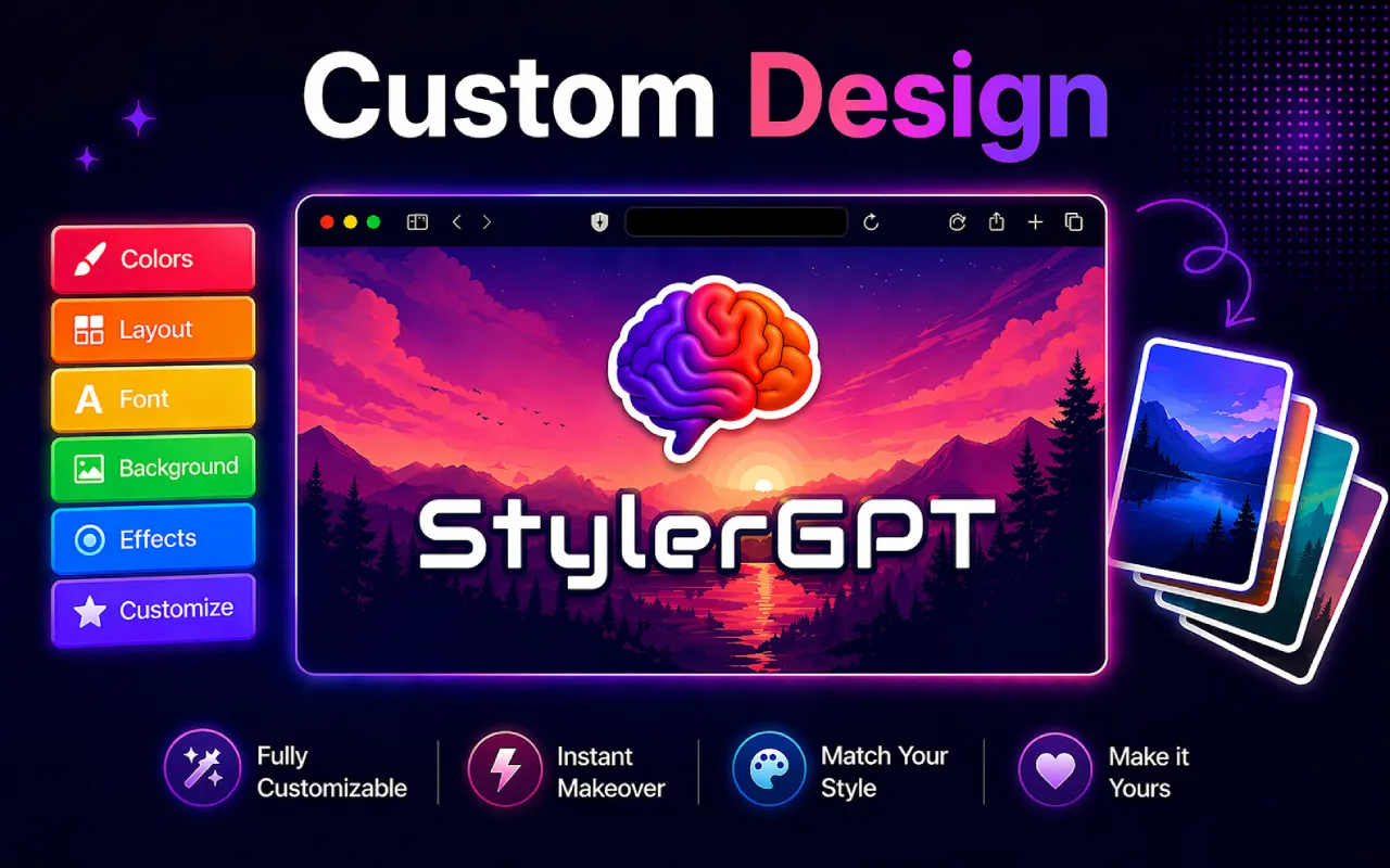 StylerGPT promo: Custom Design — a browser window fully re-themed with sunset artwork, next to Colors, Layout, Font, Background, and Effects controls
