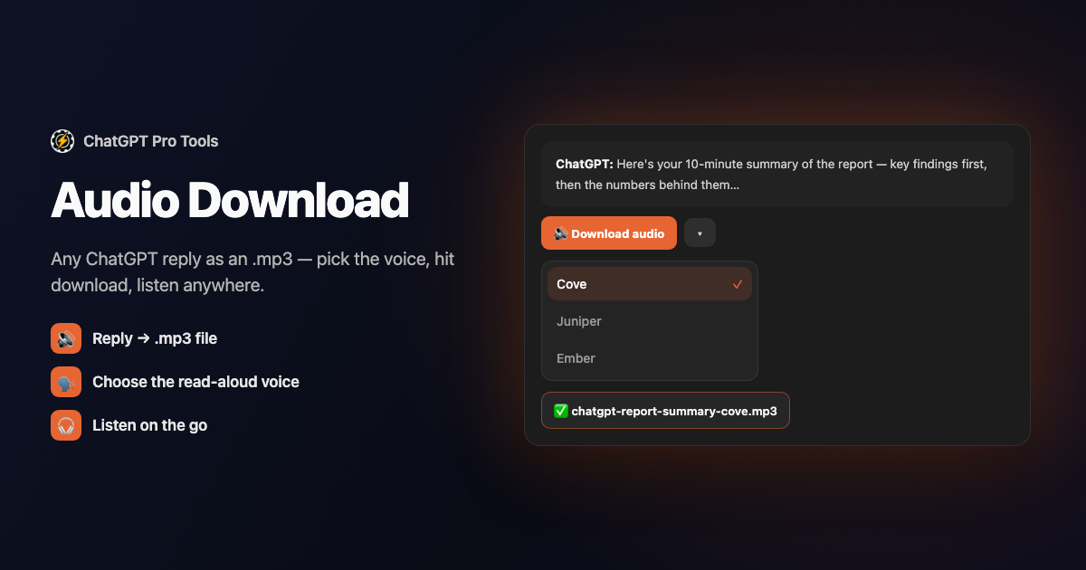 The download-audio button on a ChatGPT reply with the voice picker open