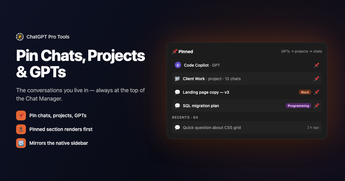 The Chat Manager's Pinned section listing pinned chats, projects, and custom GPTs