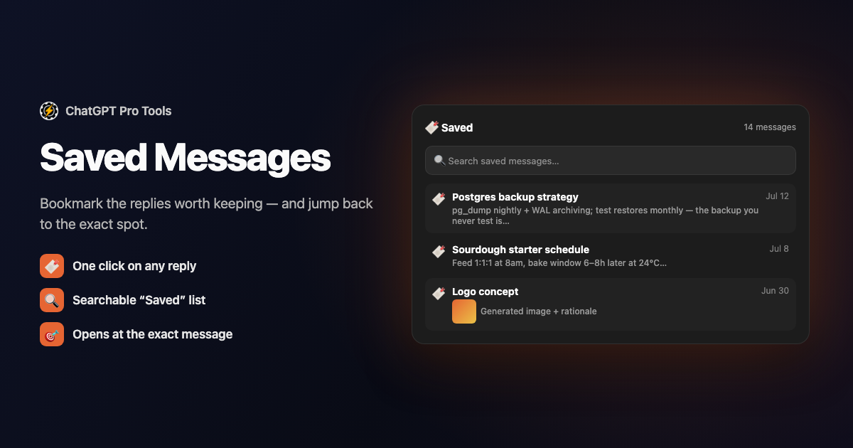 The Saved section in the Chat Manager listing bookmarked ChatGPT replies