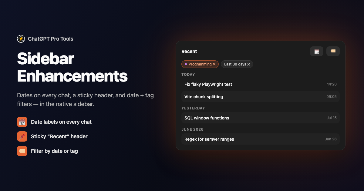 The ChatGPT sidebar with date labels, a sticky Recent header, and date and tag filters